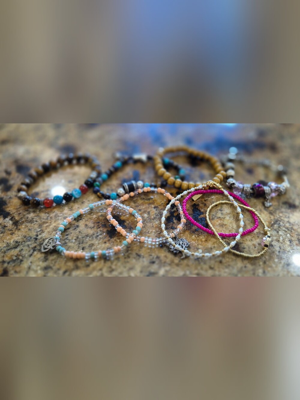 Beaded Multicolor Stackable Bracelet Set - Peach, Turquoise, Pink, Purple, Black